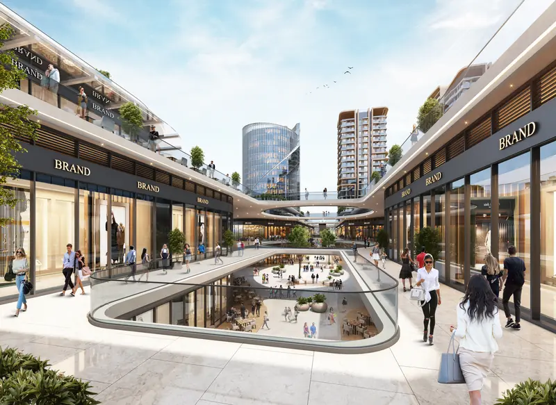 Üç katlı kapalı AVM ve cadde mağazaları